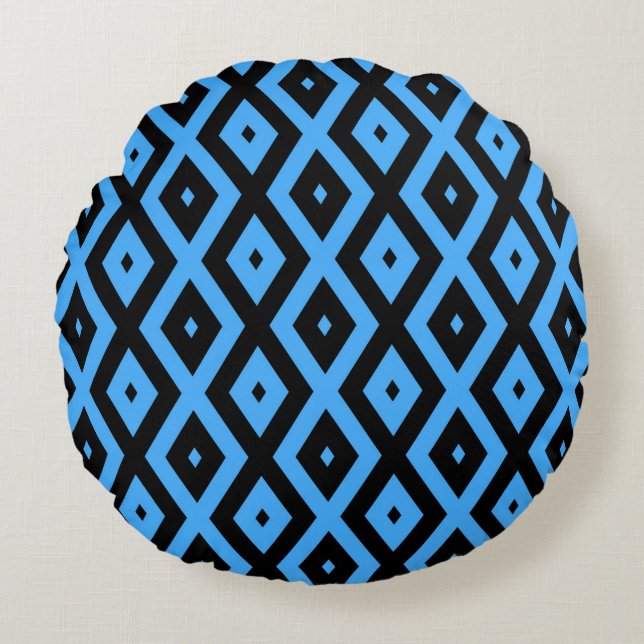 Sky blue and black diamond pattern round pillow (Front)