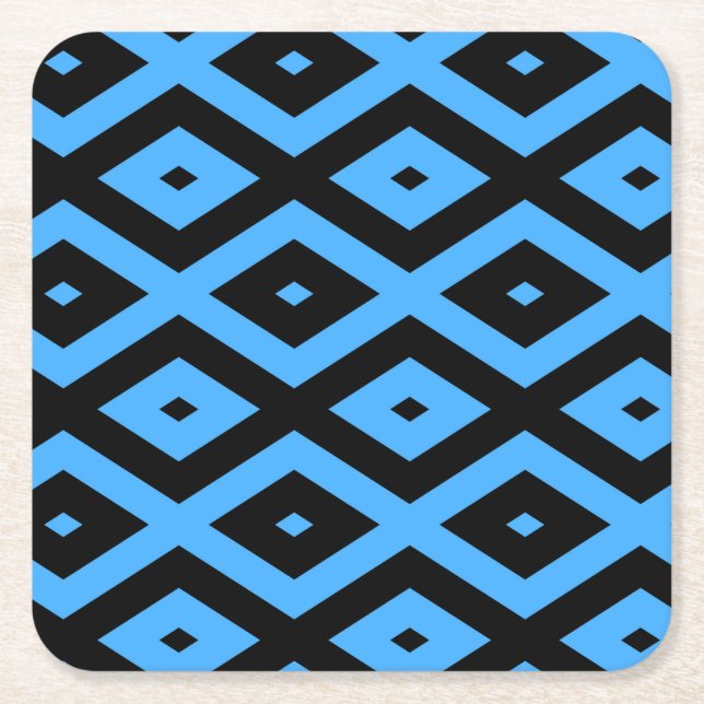 Sky blue and black diamond pattern square paper coaster (Front)
