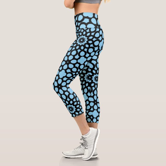 Sky Blue and Black Snowflake pattern Capri Leggings (Left)