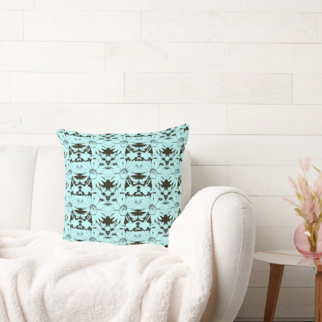  Sky Blue and Chocolate Brown Cone Flower Pattern Throw Pillow (Couch)