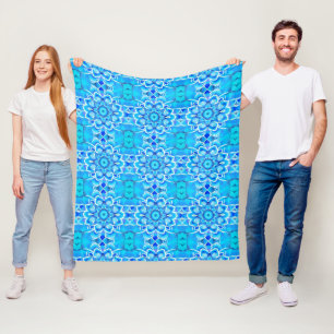 Sky Blue and Cobalt Batik Mandala Pattern  Fleece Blanket