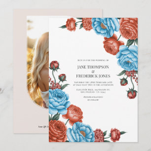 Sky Blue and Terracotta Watercolor Floral Wedding Invitation