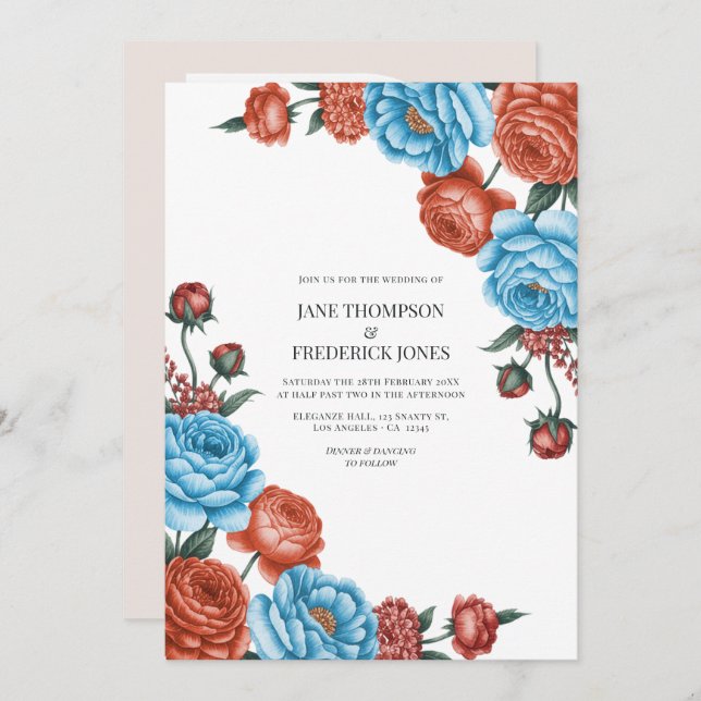 Sky Blue and Terracotta Watercolor Floral Wedding Invitation (Front/Back)