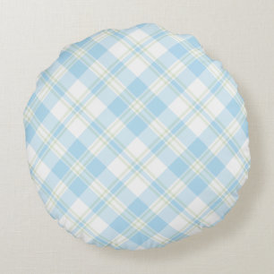 Sky Blue and White Check Round Pillow