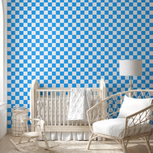 Sky Blue and White Chequerboard Pattern Wallpaper