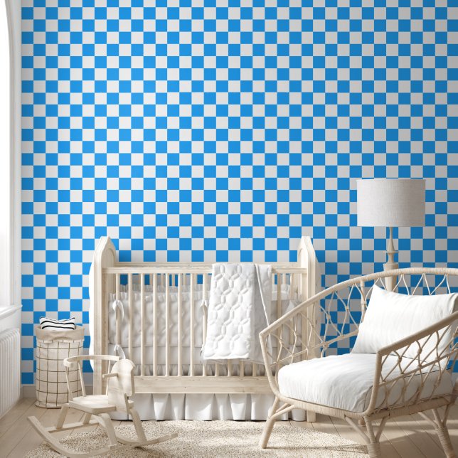 Sky Blue and White Chequerboard Pattern Wallpaper (Kids)