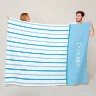 Sky Blue and White Geometric Stripes Name Fleece Blanket