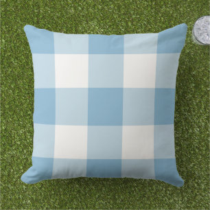 Sky Blue and White Gingham Plaid Pattern Outdoor Pillow