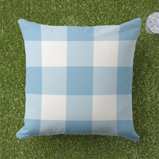 Sky Blue and White Gingham Plaid Pattern Outdoor Pillow (Grass)