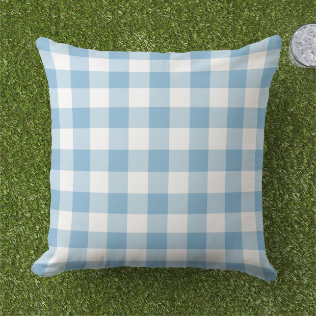 Sky Blue and White Gingham Plaid Pattern Outdoor Pillow (Grass)