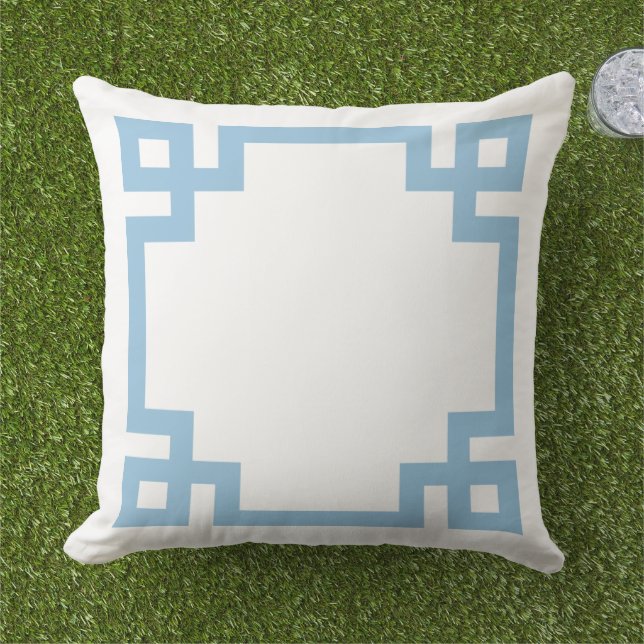 Sky Blue and White Greek Key Border Outdoor Pillow (Grass)