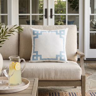 Sky Blue and White Greek Key Border Outdoor Pillow