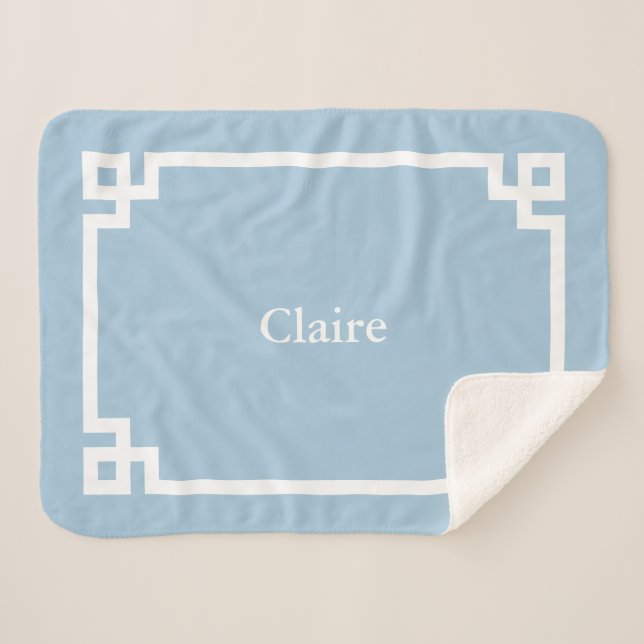 Sky Blue and White Greek Key Monogram Sherpa Blanket (Front (Horizontal))