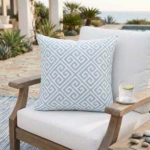 Sky Blue and White Greek Key Pattern Outdoor Pillow