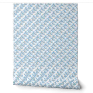 Sky Blue and White Greek Key Pattern Wallpaper