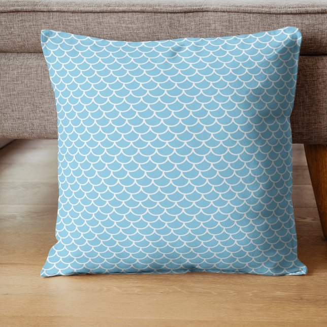 Sky Blue and White Mermaid Shell Pattern Throw Pillow (Creator Uploaded)