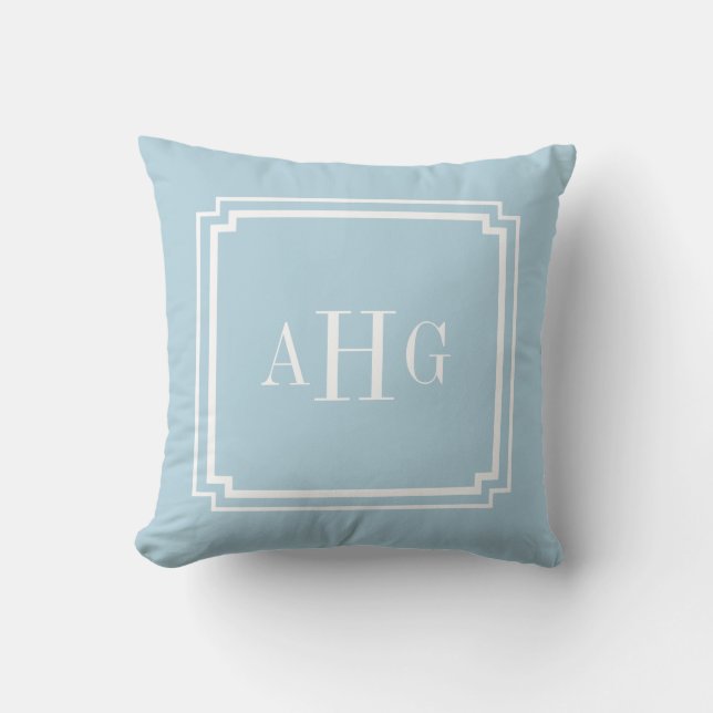 Sky Blue and White Notched Corner Custom Monogram Throw Pillow (Front)