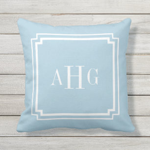 Sky Blue and White Notched Corner Custom Monogram Throw Pillow