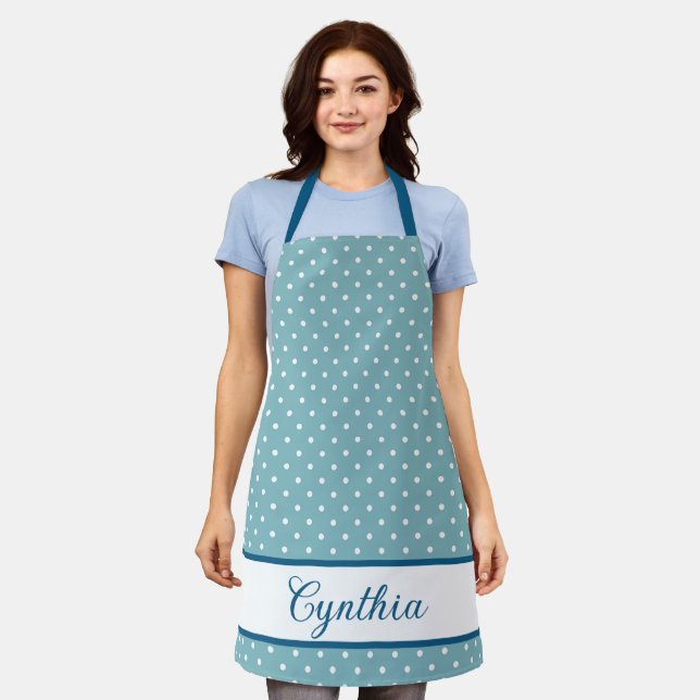 Sky Blue and White Polka Dot Personalized Apron (Worn)