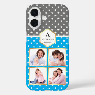 Sky Blue and White Stars Pattern Photo Collage iPhone 16 Case