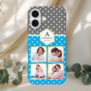 Sky Blue and White Stars Pattern Photo Collage iPhone 16 Case
