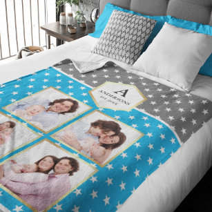 Sky Blue and White Stars Pattern Photo Collage Fleece Blanket