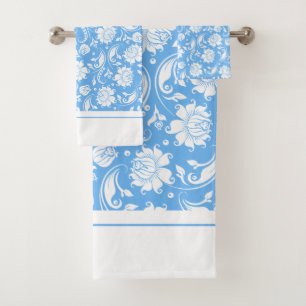 Sky blue and white vintage damasks bath towel set