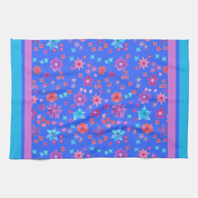 Sky Blue Background Flower-Power Kitchen Towel (Horizontal)