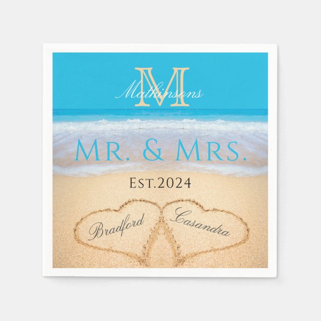 Sky Blue Beach Wedding 2 Hearts in the Sand Napkin (Front)