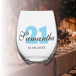 Sky Blue Birthday Number   Black 3D Name Date Stemless Wine Glass