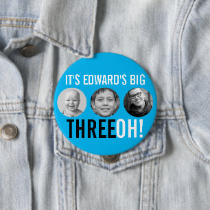 Sky blue black 30th Three OH! three photo birthday 4 Inch Round Button