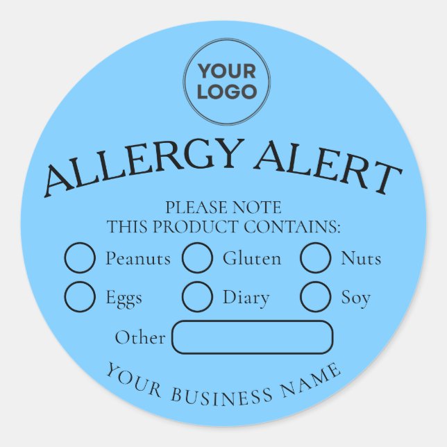 Sky Blue Black Food Allergy Alert Round Sticker (Front)