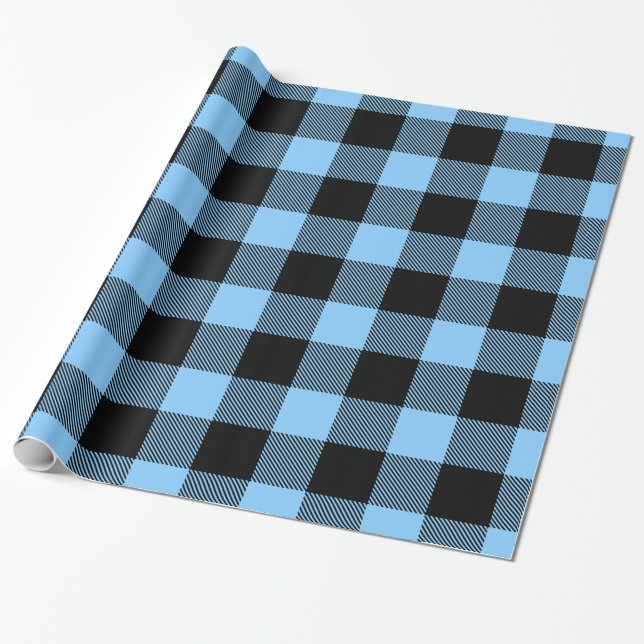 Sky Blue Black Huge Buffalo Plaid Lumberjk Tartan Wrapping Paper (Unrolled)