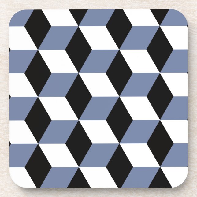 Sky Blue Black & White 3D Cubes Pattern Coaster (Front)