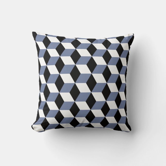 Sky Blue Black & White 3D Cubes Pattern Throw Pillow (Front)