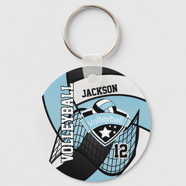 Sky Blue, Black & White Volleyball Design Keychain (Front)