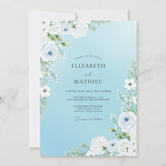 Sky Blue Blooming Romance Wedding Invitation (Front)