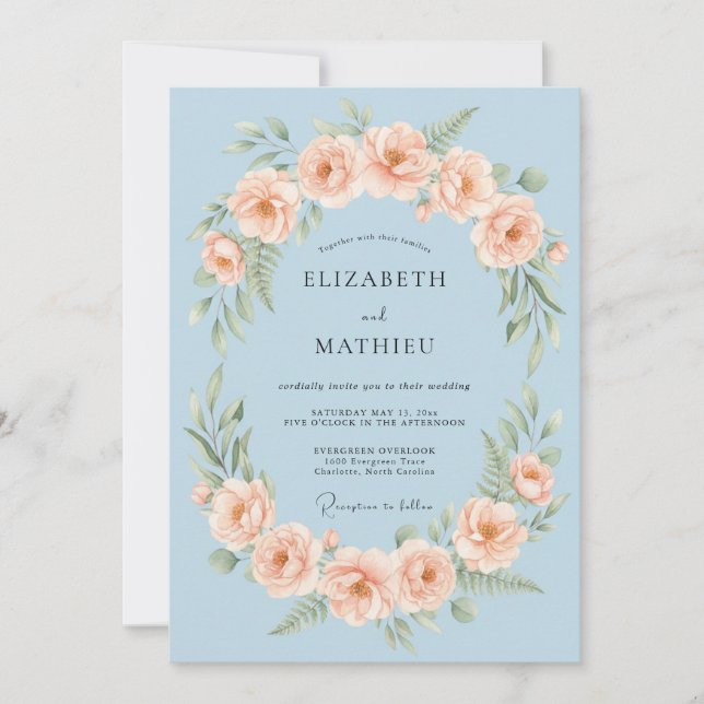Sky Blue Blossom Garland Wedding Invitation (Front)