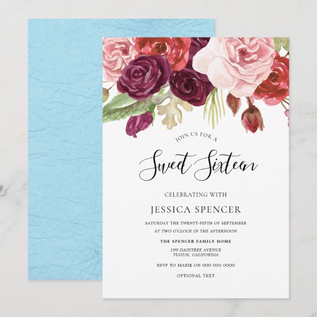 Sky Blue Blush & Burgundy Sweet 16 Invitation (Devant / Derrière)