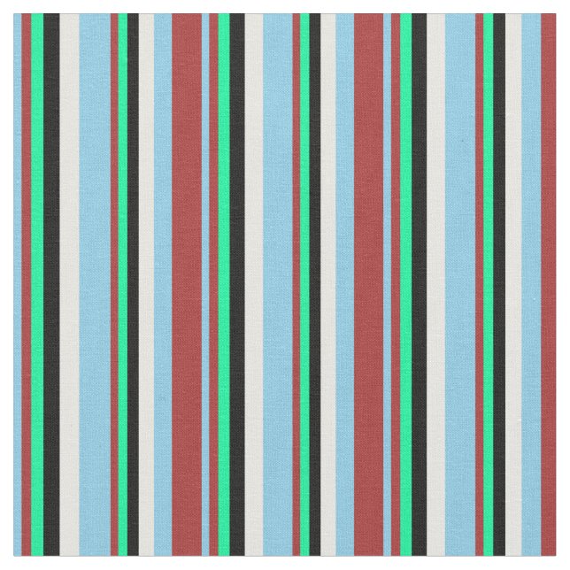 Sky Blue, Brown, Green, Black & White Pattern Fabric (Close Up)