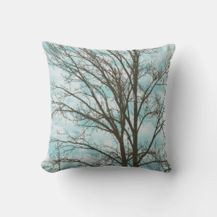 Sky Blue Brown Rustic Tree Branches Throw Pillow