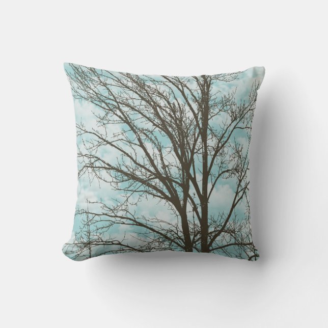 Sky Blue Brown Rustic Tree Branches Throw Pillow (Front)