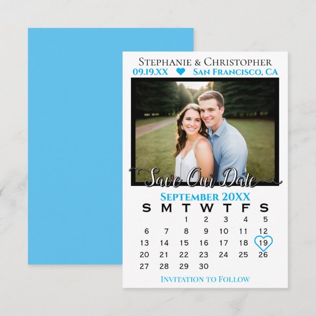Sky Blue Calendar & Photo Wedding Save Our Date Card (Front/Back)