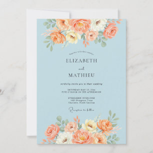 Sky Blue Charming Peach Floral Wedding Invitation
