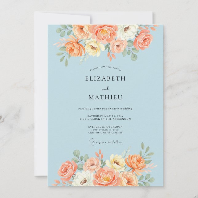 Sky Blue Charming Peach Floral Wedding Invitation (Front)