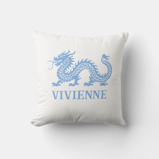 Sky Blue Chinoiserie Dragon Custom Name Throw Pillow (Front)