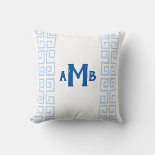 Sky Blue Chinoiserie Greek Key Stripe Monogram Throw Pillow