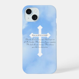 Sky Blue Christian Healing Bible Verse Cross iPhone 15 Case