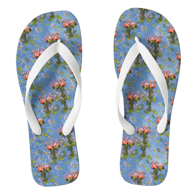 Sky blue cloudy and Flamingo's Repeat Print Flip Flops (Footbed)