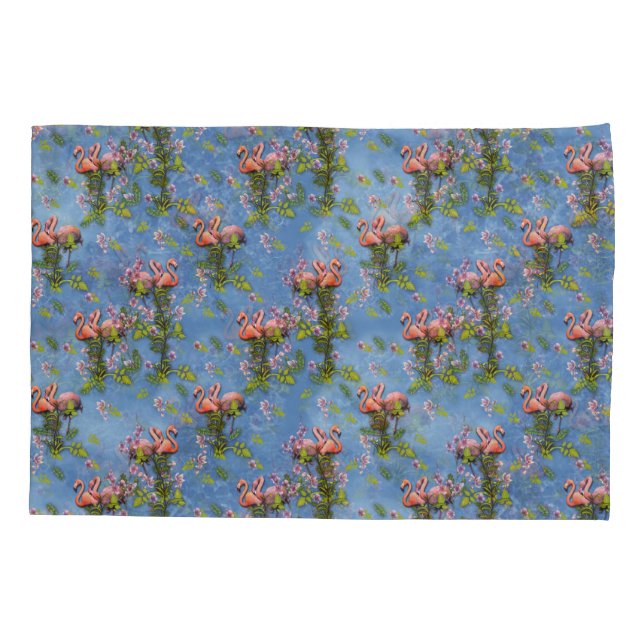 Sky blue cloudy and Flamingo's Repeat Print Pillowcase (Back)